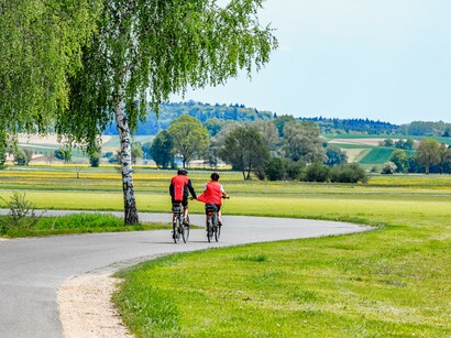 zwei Radfahrer auf einem Radweg von hinten fotografiert.